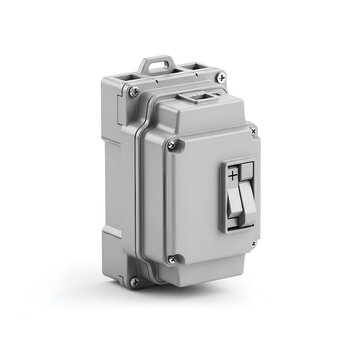 Transfer Switch Shown as a High Quality 3d Rendered Industrial Electrical Component Featuring a Grey Plastic Protective Housing and Manual Activation Lever on a Clean White Background