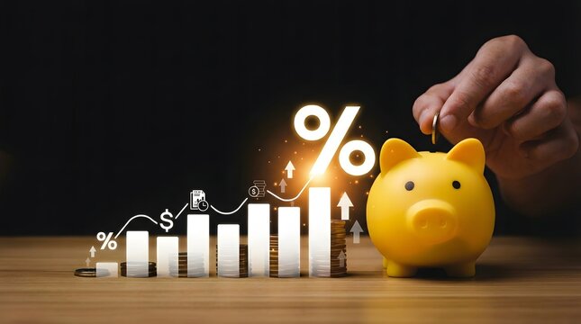 Hand placing gold piggy bank on rising financial bar graph with percentage growth icons and warm lighting