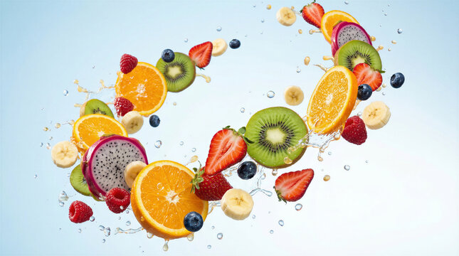 Colorful fruit slices splashing in refreshing water loop