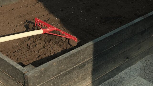 Gardening preparation with a rake leveling soil in a raised bed