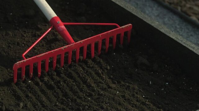 Gardening rake smoothing dark soil for planting or landscaping projects