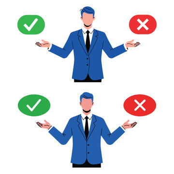 Businessman choosing between right and wrong checkmark and cross symbol