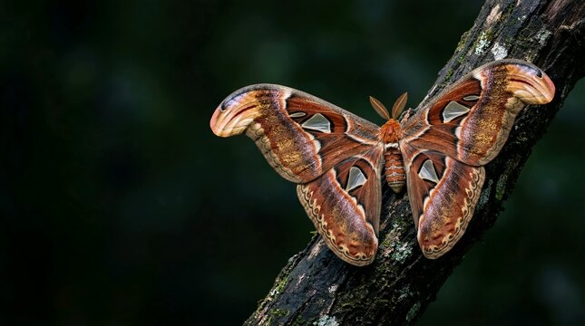 atlas moth attacus atlas resting on a tree branch in tropical rainforest with giant wingspan and snake head mimicry pattern for nature and wildlife concept