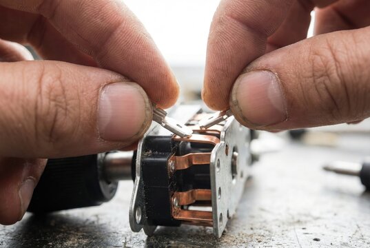 Hands carefully assembling small metal contacts on an electrical mechanical switch