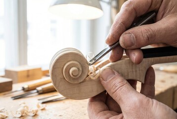 Fototapeta premium Luthier hand carving the wooden scroll of a violin using a gouge chisel