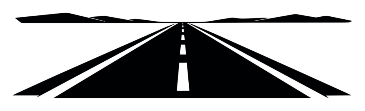 Straight road receding into the distance with mountain silhouettes on the horizon. Representing travel, future, and direction