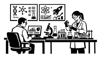 Fototapeta premium Researchers working on scientific development, a man analyzing data on a computer and a woman performing chemical experiments