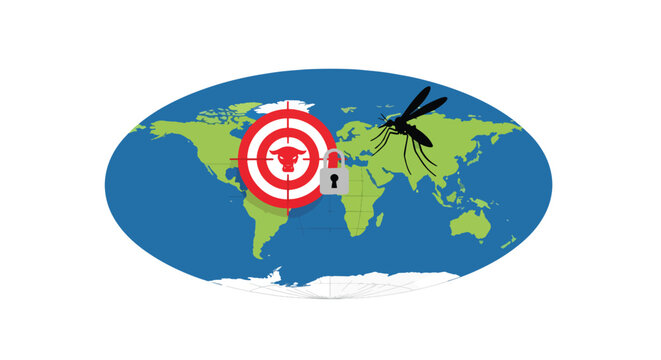Global bull market target and mosquito, world map with red target symbol featuring bull head, grey padlock, and black mosquito insect.