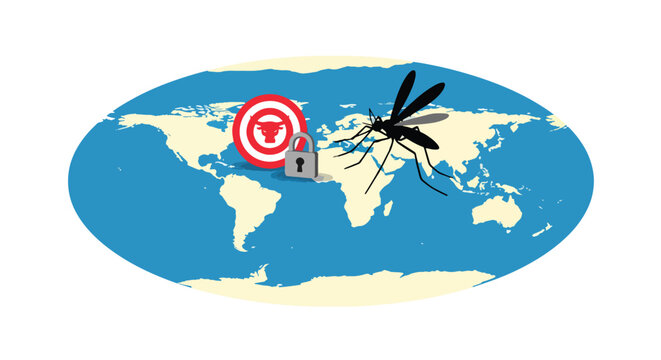 World map illustration with red target featuring a bull's head, grey padlock, and black mosquito, symbolizing global challenges and focus.