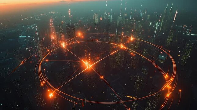 Smart city with connection network reciprocity over the cityscape social media networking systems that connects on the peak of success amid tall, innovative Smart city and graphs with statistics
