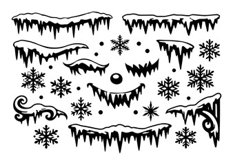 Fototapeta premium Collection of winter snow caps and icicles, creating seasonal borders with frozen details and falling snowflakes