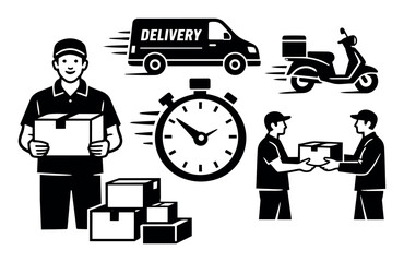 Fototapeta premium Delivery icons illustrating services, couriers, and transportation for fast shipping and timely logistics operations