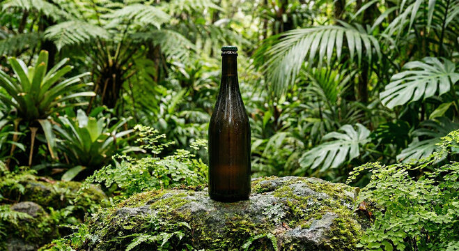 Botella de vidrio en medio de una espesa selva con gotas en ella.