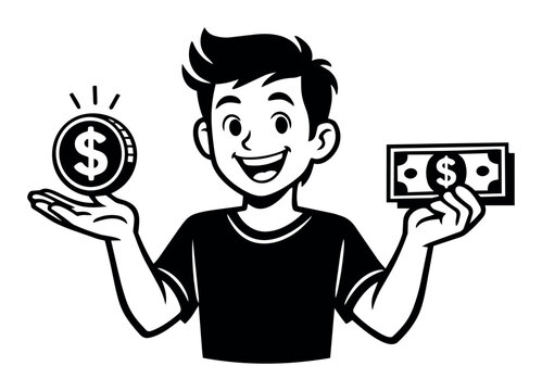 Happy boy cartoon character balancing a shining coin and paper currency, symbolizing income, savings, and financial growth