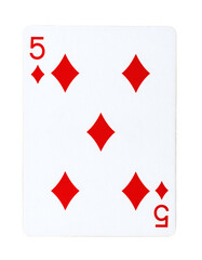 Obraz premium A perfectly isolated classic playing card featuring the vibrant five of diamonds suit, ideal for casino themes, game nights, and graphic design projects&nbsp;