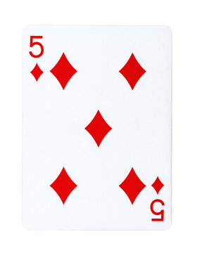A perfectly isolated classic playing card featuring the vibrant five of diamonds suit, ideal for casino themes, game nights, and graphic design projects&nbsp;