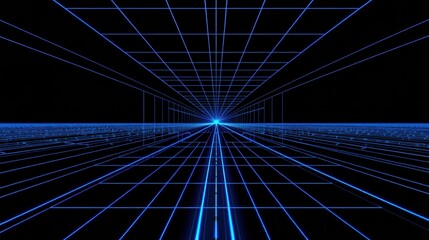 Fototapeta premium Neon grid extends into darkness. Lines converge toward distant vanishing point, creating tunnel effect. Futuristic, digital aesthetic.