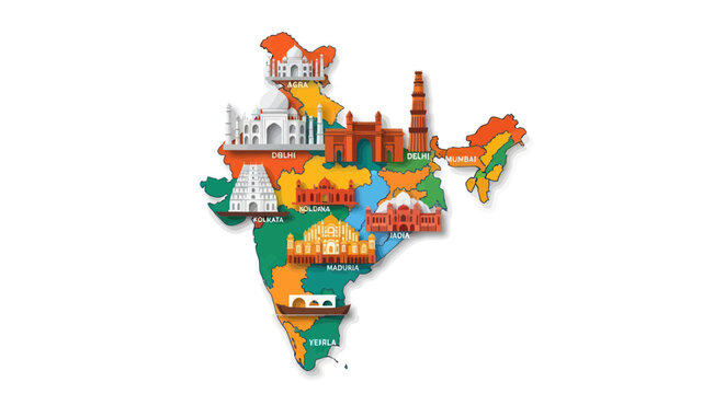 India Map with Famous Landmarks and Monuments - Travel and Tourism Illustration
