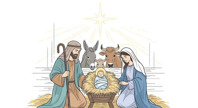 Nativity Scene: Mary, Joseph, Baby Jesus in manger with star and animals