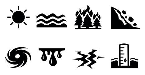 Fototapeta premium Natural hazards and environmental crisis concept with outlined black icons representing extreme weather, global warming, and ecological damage