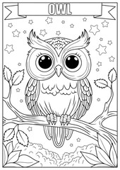 Fototapeta premium A cute night owl on a branch under the stars – a custom coloring page for kids.