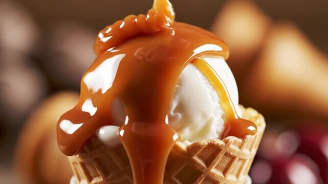 Ice cream cone with caramel sauce.