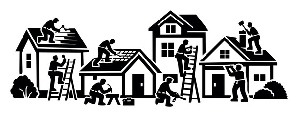 Fototapeta premium Construction team working on houses, doing repairs, improvements, and building new structures with tools and equipment