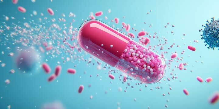 Colorful pill destroying pathogens in 3D, concept of treatment, immunity support, and advanced healthcare innovation