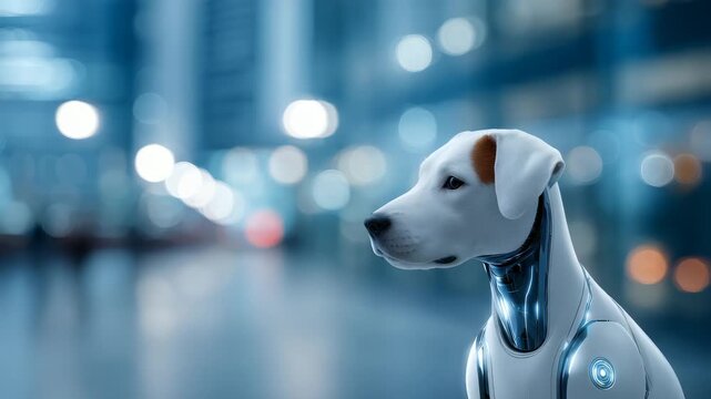 A highly detailed robot dog with a lifelike appearance is set against a blurred urban background, symbolizing innovation and the future of AI companions. The scene evokes technology and companionship