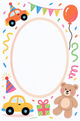 Fototapeta premium Colorful birthday scene with cars, teddy bear, gifts, balloons, confetti, and banners in a playful style.