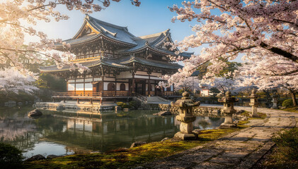 Fototapeta premium Serene traditional architectural structure by a tranquil pond, framed by stunning pink blossom trees under a clear sky, exuding peace and cultural beauty
