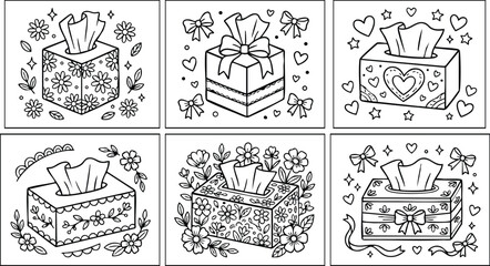 Obraz premium Line art floral and heart patterned tissue box illustration set with bows and ribbons
