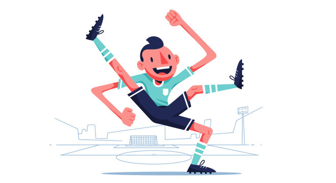 Energetic cartoon soccer player celebrating a goal with a high kick on a stadium field, vector illustration.