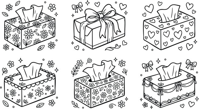 Black and white floral and heart patterned tissue boxes with ribbons and bows line art