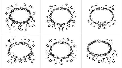 Black and white line art charm bracelets with moons stars hearts and bows