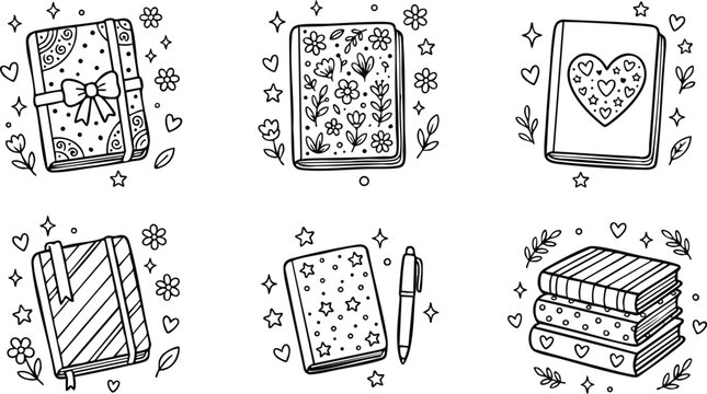 Black and white line art stack of decorated notebooks and journals with hearts stars and floral patterns
