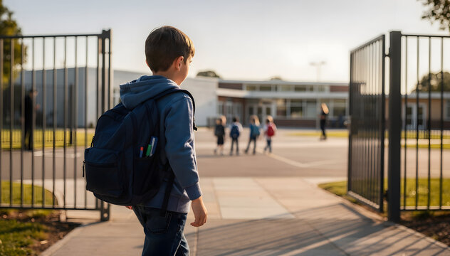 Young boy with backpack stands at school gate, looking towards classmates and building at sunset, ready for learning and new adventures
