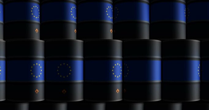 EU oil business and fuel extraction barrels in row seamless and loopable concept. European Union petrol industrial containers.