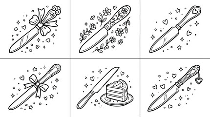 Black and white decorative knives with bows flowers hearts and cake slice illustration