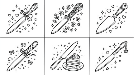 Black and white line art cake knife with decorative flower and heart motifs set