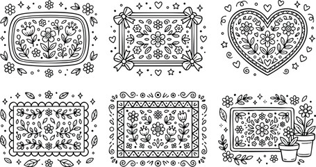 Black and white floral frames with heart and potted plants line art vector