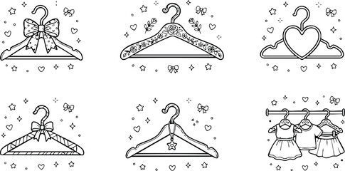 Black and white line art decorative hangers with bows hearts and dresses