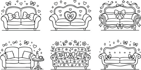 Six decorative sofas with bows hearts flowers and table