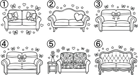 Six different love themed sofas with bows hearts and stars