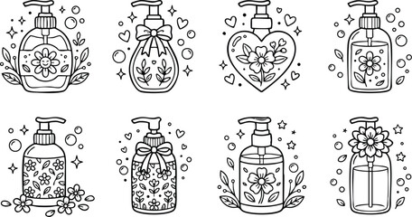 Black and white floral soap dispenser bottles with hearts stars and bubbles line art