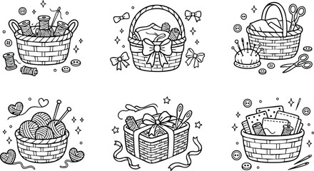 Sewing baskets with yarn scissors buttons and ribbons