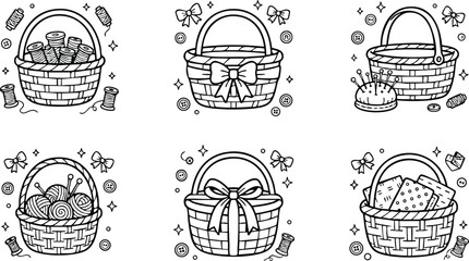 Black and white line art baskets with sewing supplies and decorative bows