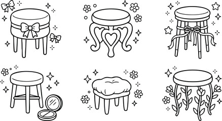 Black and white line art six decorative stools with bows floral and heart details