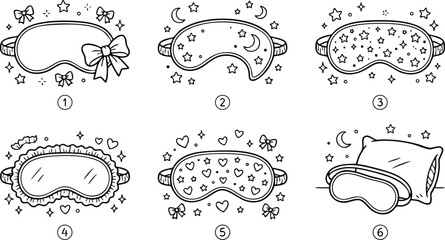 Six different sleep masks with stars moon hearts and bows