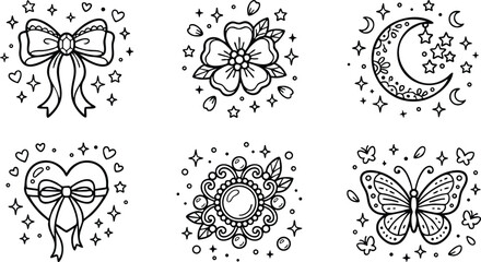 Black and white decorative bow flower moon heart and butterfly line art vector set